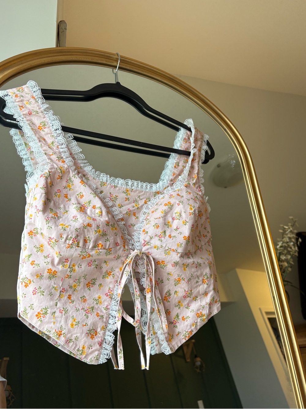 Coquette Cottagecore Vintage Pink Floral Lace-Trim Rumours Tie Front Crop Top